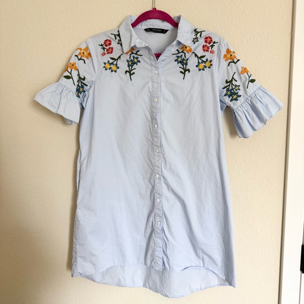 Floral Embroidered Button-Up Shirt Dress